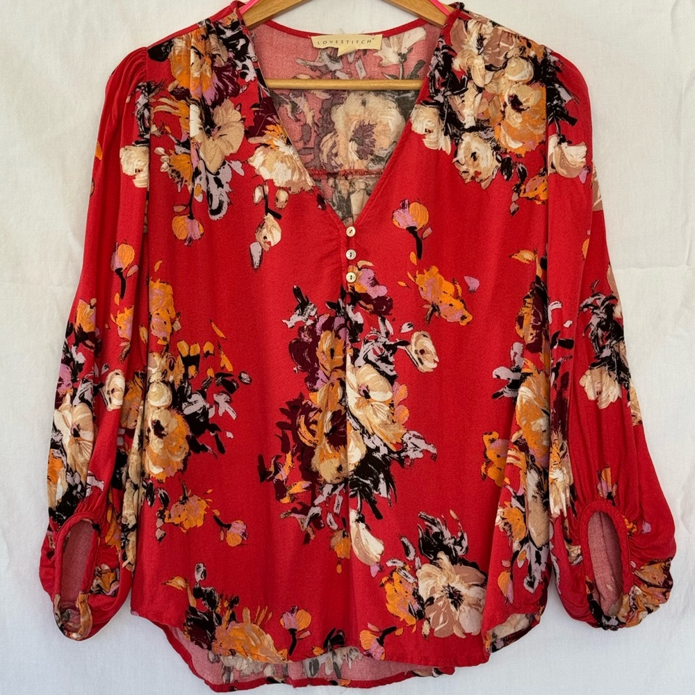Lovestitch Red Floral 3/4 Sleeve Blouse